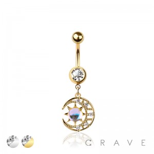 316L SURGICAL STEEL  CIRCULAR SHAPED MOONSTONE MOON & SUN DANGLE BELLY BUTTON NAVEL RING 